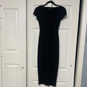 See You Monday Black Cap-Sleeve Midi Dress